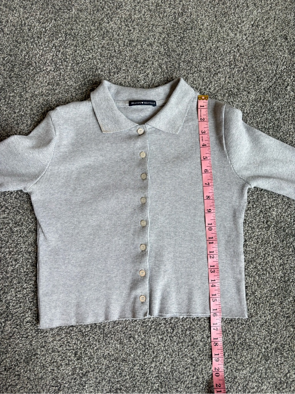 Brandy Melville Light Grey Ribbed Collared Long Sleeve Cropped Polo Shirt OS - Picture 7 of 8